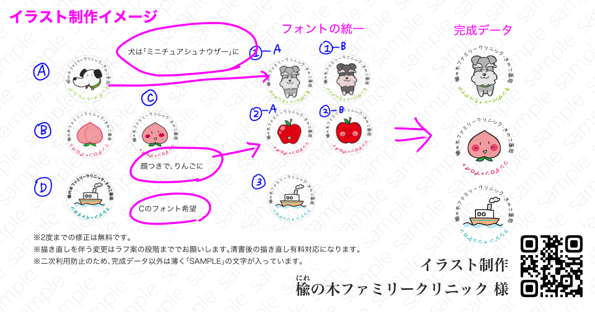 楡の木ファミリークリニック様、マツキヨコ、制作事例、軟膏ケースに使用するイラスト