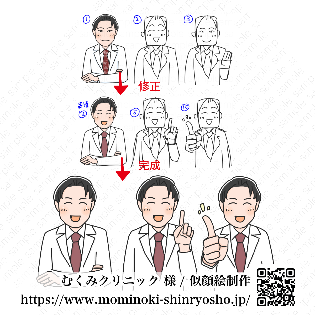 似顔絵3点セット制作事例｜むくみクリニック様、見本画像