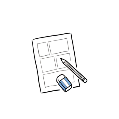 制作の流れ3 ラフ制作：漫画原稿用紙と鉛筆と消しゴムのイラスト